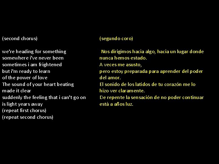 (second chorus) (segundo coro) we're heading for something somewhere i've never been sometimes i