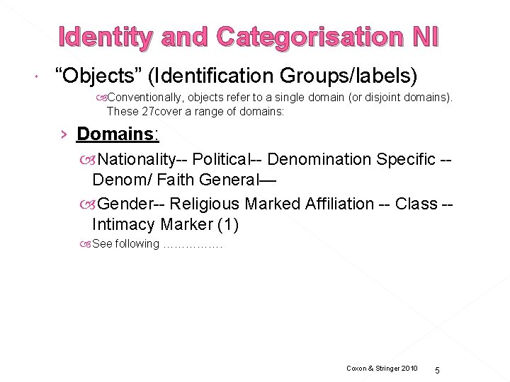 Identity and Categorisation NI “Objects” (Identification Groups/labels) Conventionally, objects refer to a single domain