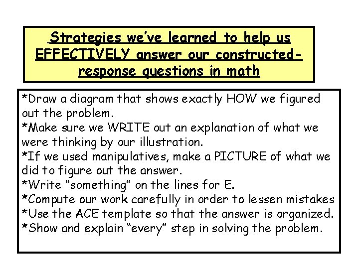 Strategies we’ve learned to help us EFFECTIVELY answer our constructedresponse questions in math *Draw