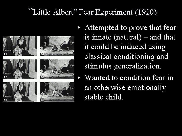 “Little Albert” Fear Experiment (1920) • Attempted to prove that fear is innate (natural)
