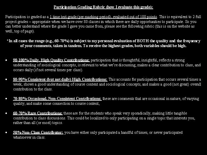 Participation Grading Rubric (how I evaluate this grade): Participation is graded as a 1