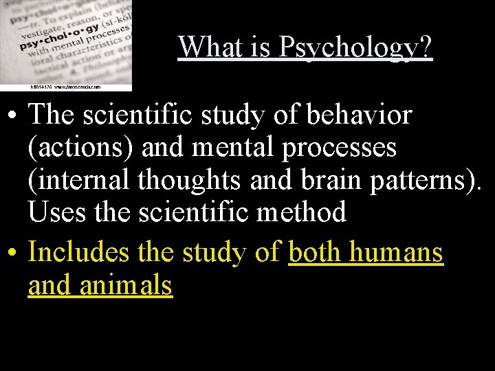 What is Psychology? • The scientific study of behavior (actions) and mental processes (internal