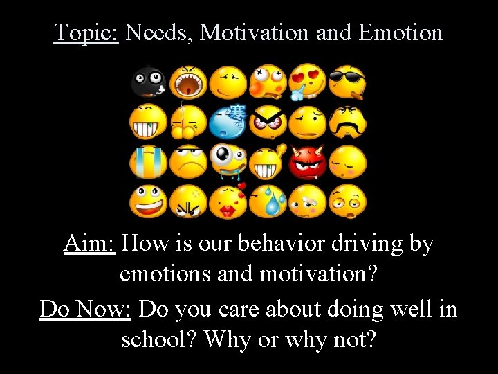 Topic: Needs, Motivation and Emotion Aim: How is our behavior driving by emotions and