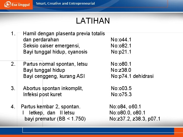 LATIHAN 1. Hamil dengan plasenta previa totalis dan perdarahan Seksio caiser emergensi, Bayi tunggal