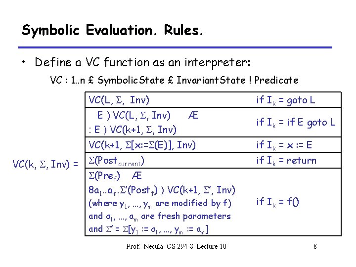 Symbolic Evaluation. Rules. • Define a VC function as an interpreter: VC : 1.