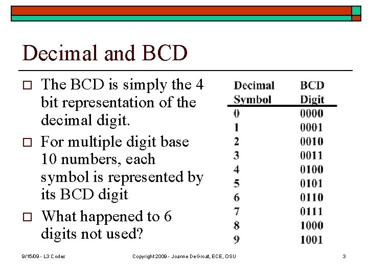 Decimal and BCD o o o The BCD is simply the 4 bit representation