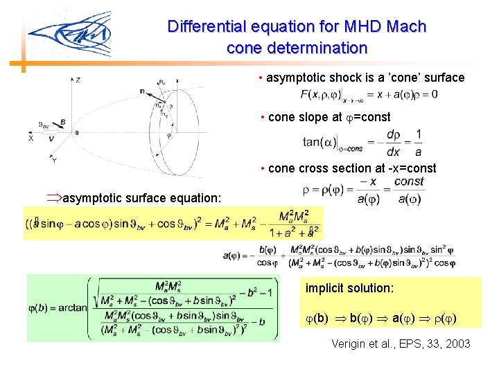 Differential equation for MHD Mach cone determination • asymptotic shock is a ’cone’ surface