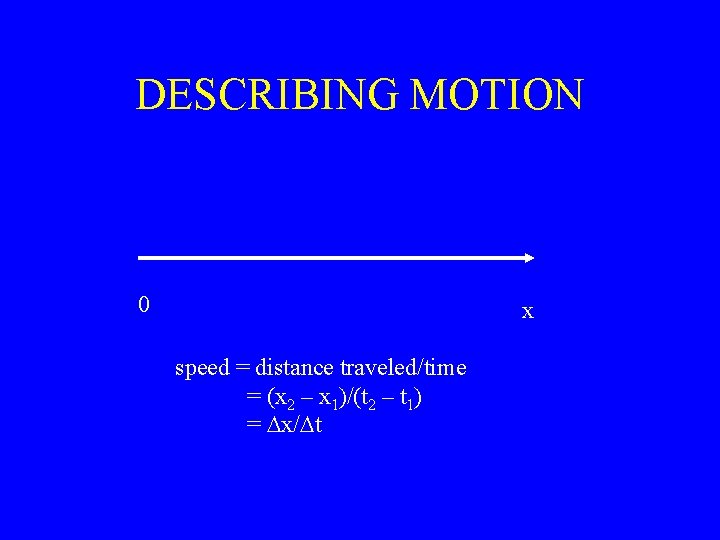 DESCRIBING MOTION 0 x speed = distance traveled/time = (x 2 – x 1)/(t