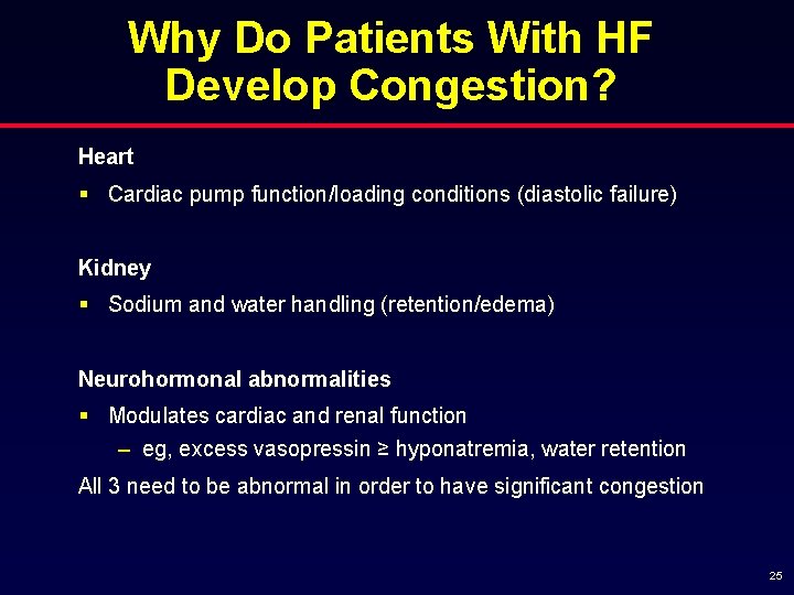 Why Do Patients With HF Develop Congestion? Heart § Cardiac pump function/loading conditions (diastolic