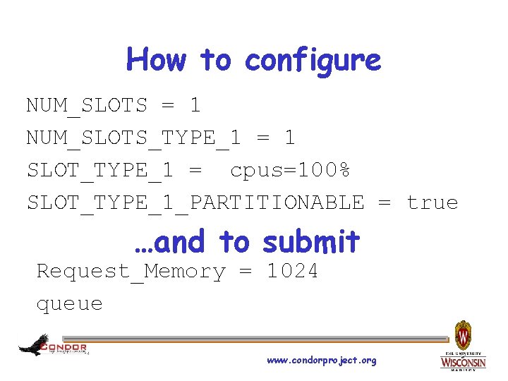 How to configure NUM_SLOTS = 1 NUM_SLOTS_TYPE_1 = 1 SLOT_TYPE_1 = cpus=100% SLOT_TYPE_1_PARTITIONABLE =