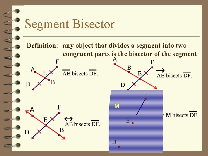 Segment Bisector Definition: any object that divides a segment into two congruent parts is