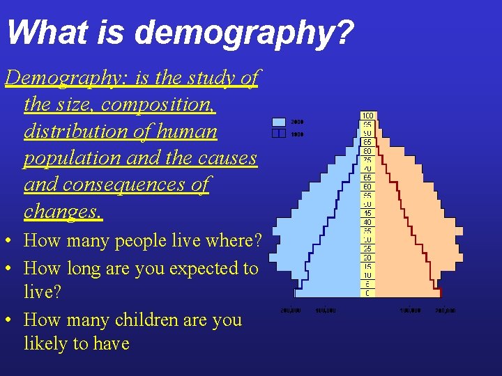 What is demography? Demography: is the study of the size, composition, distribution of human
