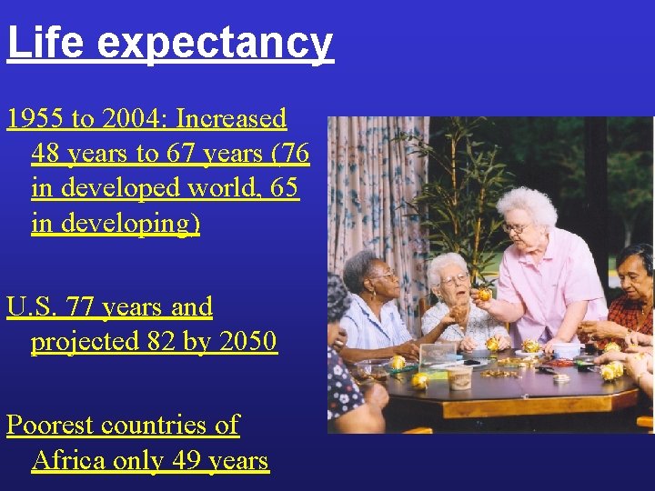 Life expectancy 1955 to 2004: Increased 48 years to 67 years (76 in developed