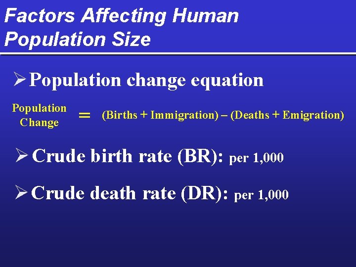 Factors Affecting Human Population Size Ø Population change equation Population Change = (Births +