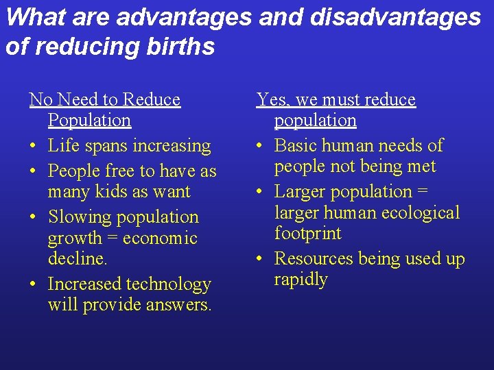 What are advantages and disadvantages of reducing births No Need to Reduce Population •