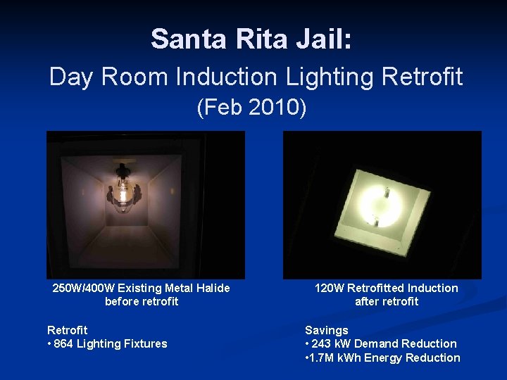 Santa Rita Jail: Day Room Induction Lighting Retrofit (Feb 2010) 250 W/400 W Existing