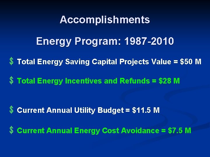 Accomplishments Energy Program: 1987 -2010 $ Total Energy Saving Capital Projects Value = $50