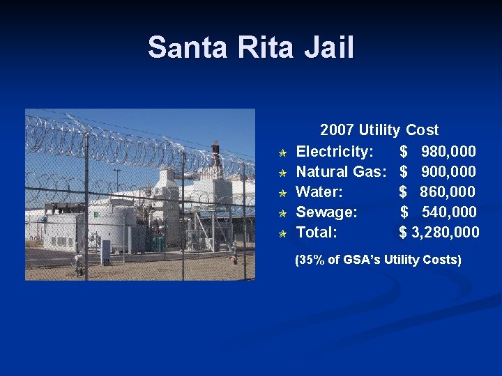 Santa Rita Jail 2007 Utility Cost Electricity: $ 980, 000 Natural Gas: $ 900,