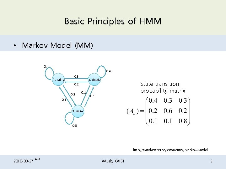 Basic Principles of HMM • Markov Model (MM) 0. 4 0. 6 1: rainy Basic Principles of HMM • Markov Model (MM) 0. 4 0. 6 1: rainy