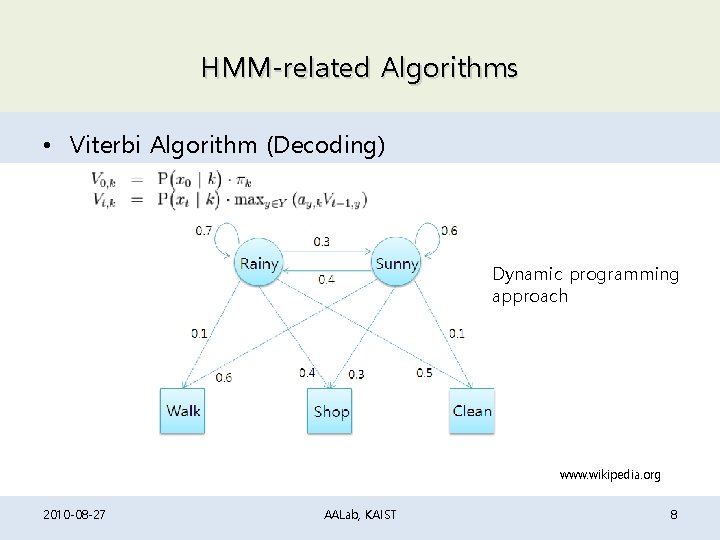 HMM-related Algorithms • Viterbi Algorithm (Decoding) Dynamic programming approach www. wikipedia. org 2010 -08 HMM-related Algorithms • Viterbi Algorithm (Decoding) Dynamic programming approach www. wikipedia. org 2010 -08
