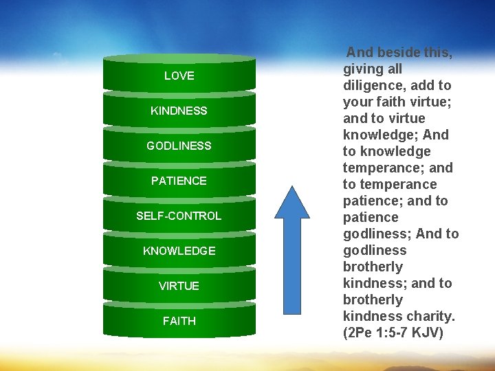 LOVE KINDNESS GODLINESS PATIENCE SELF-CONTROL KNOWLEDGE VIRTUE FAITH And beside this, giving all diligence,