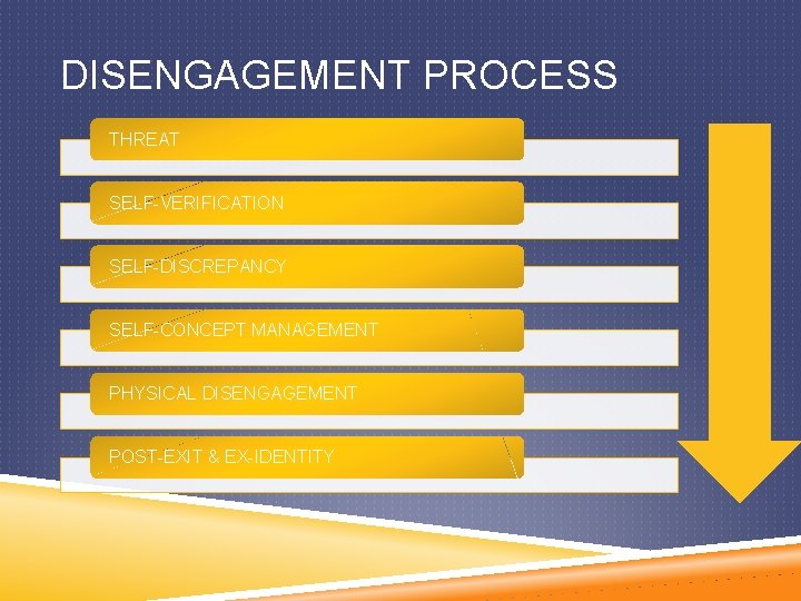 DISENGAGEMENT PROCESS THREAT SELF-VERIFICATION SELF-DISCREPANCY SELF-CONCEPT MANAGEMENT PHYSICAL DISENGAGEMENT POST-EXIT & EX-IDENTITY 