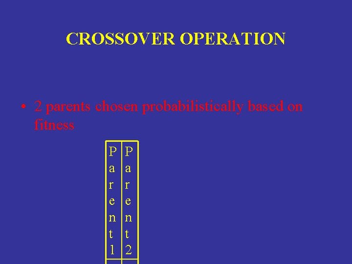 CROSSOVER OPERATION • 2 parents chosen probabilistically based on fitness P a r e