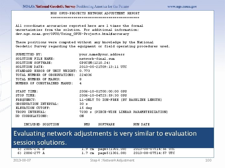 NGS OPUS-PROJECTS NETWORK ADJUSTMENT REPORT ====================== All coordinate accuracies reported here are 1 times