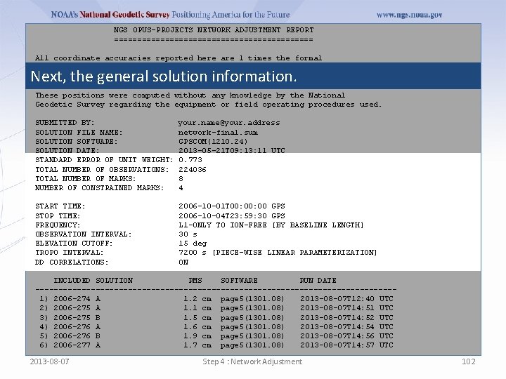 NGS OPUS-PROJECTS NETWORK ADJUSTMENT REPORT ====================== All coordinate accuracies reported here are 1 times