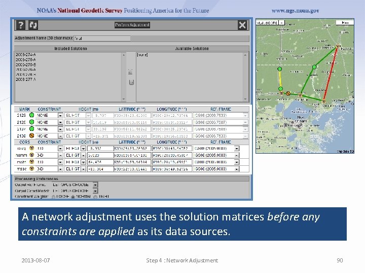 A network adjustment uses the solution matrices before any constraints are applied as its