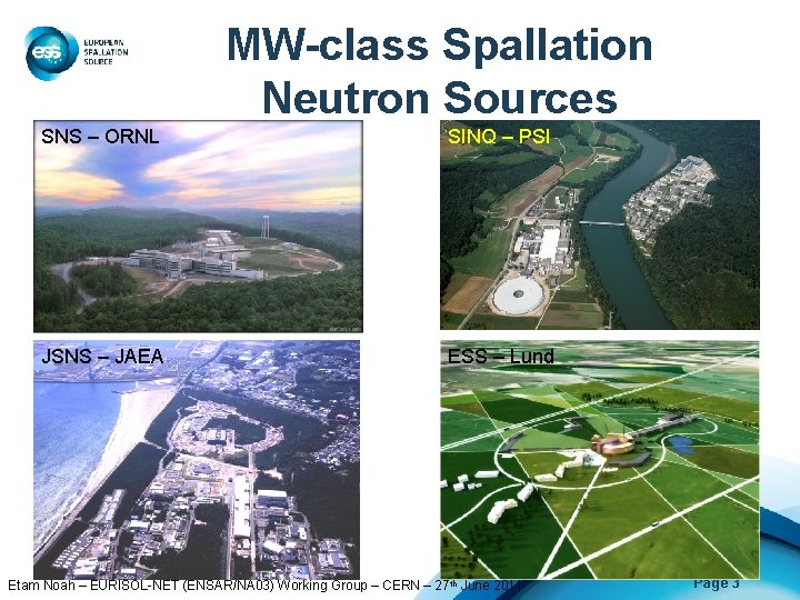 MW-class Spallation Neutron Sources SNS – ORNL SINQ – PSI JSNS – JAEA ESS