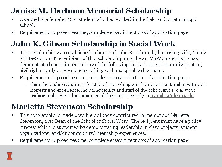 Janice M. Hartman Memorial Scholarship • • Awarded to a female MSW student who Janice M. Hartman Memorial Scholarship • • Awarded to a female MSW student who