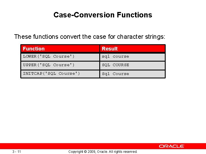 Case-Conversion Functions These functions convert the case for character strings: 3 - 11 Function Case-Conversion Functions These functions convert the case for character strings: 3 - 11 Function