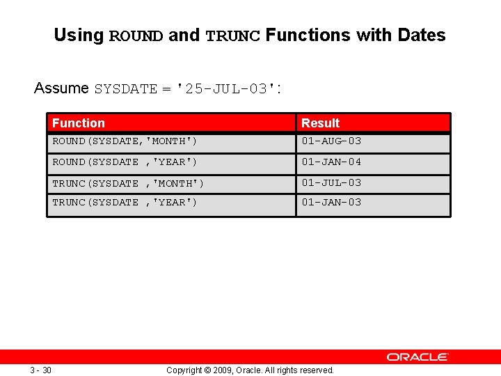 Using ROUND and TRUNC Functions with Dates Assume SYSDATE = '25 -JUL-03': 3 - Using ROUND and TRUNC Functions with Dates Assume SYSDATE = '25 -JUL-03': 3 -