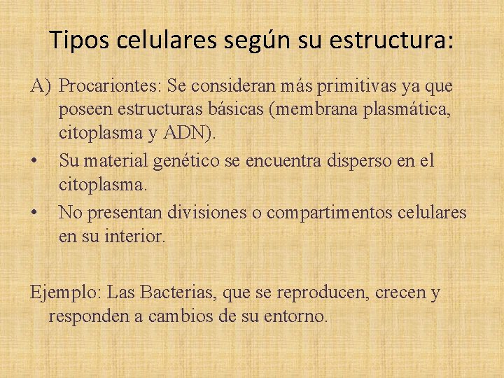 Tipos celulares según su estructura: A) Procariontes: Se consideran más primitivas ya que poseen