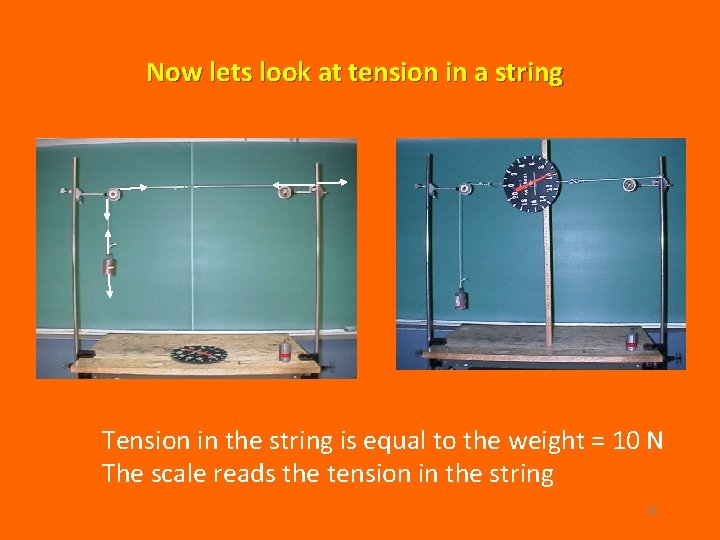Now lets look at tension in a string Tension in the string is equal Now lets look at tension in a string Tension in the string is equal