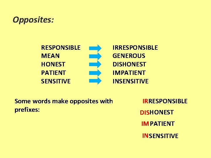 Opposites: RESPONSIBLE MEAN HONEST PATIENT SENSITIVE IRRESPONSIBLE GENEROUS DISHONEST IMPATIENT INSENSITIVE Some words make