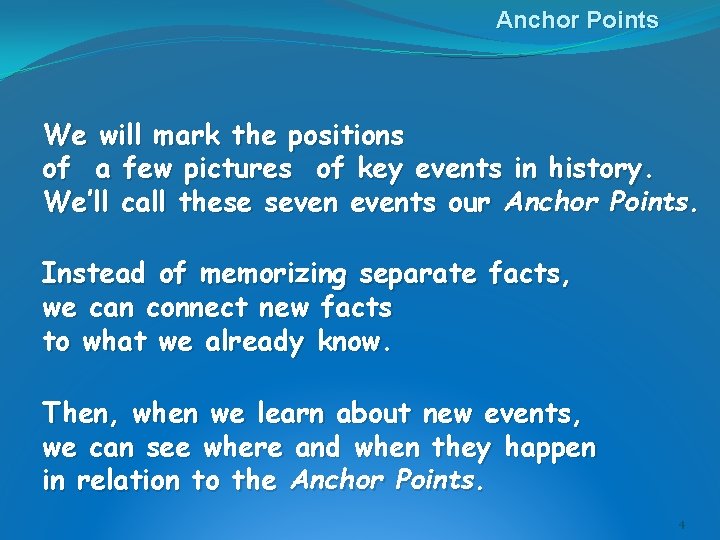 Anchor Points We will mark the positions of a few pictures of key events