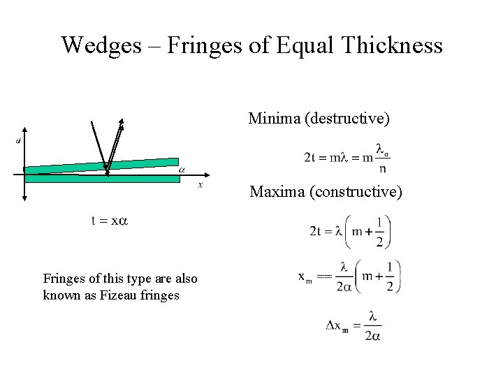 Wedges – Fringes of Equal Thickness Minima (destructive) Maxima (constructive) Fringes of this type