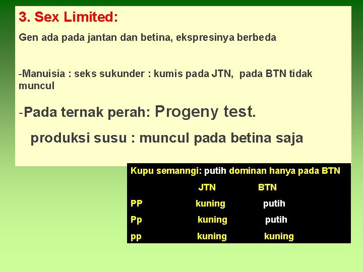 3. Sex Limited: Gen ada pada jantan dan betina, ekspresinya berbeda -Manuisia : seks