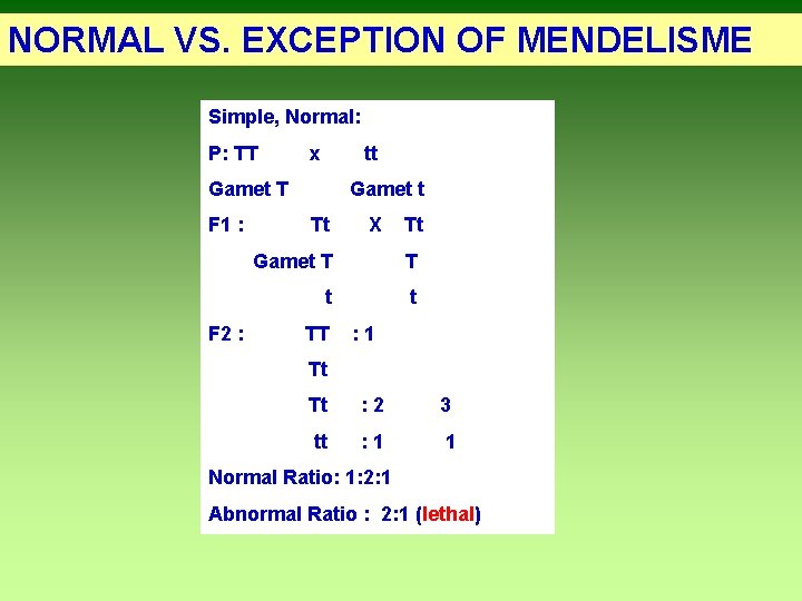 NORMAL VS. EXCEPTION OF MENDELISME Simple, Normal: P: TT x tt Gamet T F