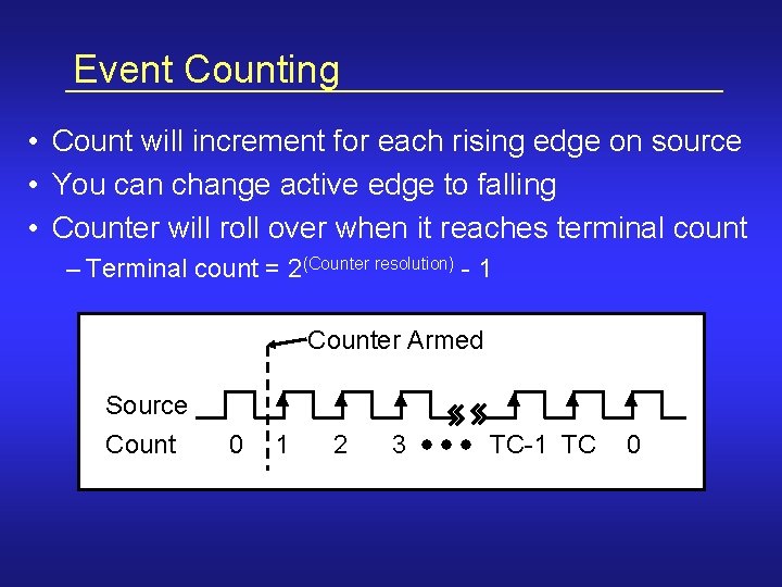 Event Counting • Count will increment for each rising edge on source • You