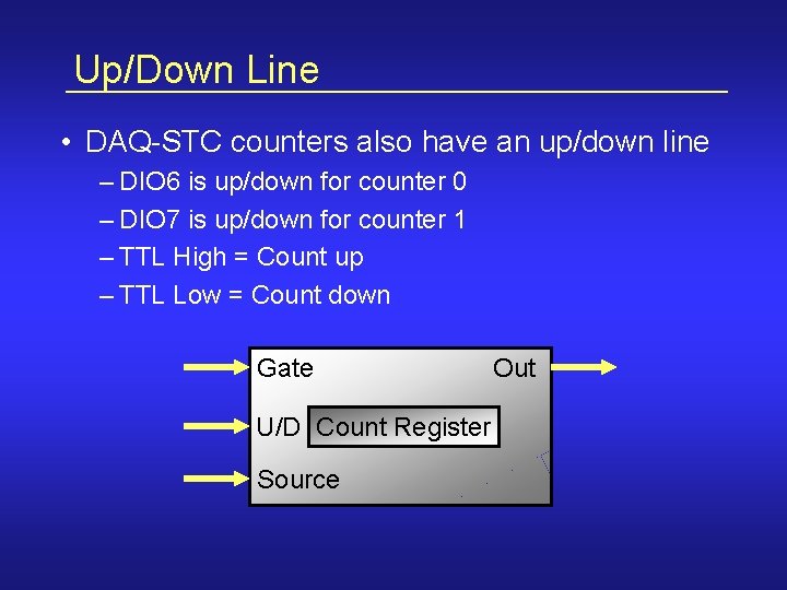 Up/Down Line • DAQ-STC counters also have an up/down line – DIO 6 is