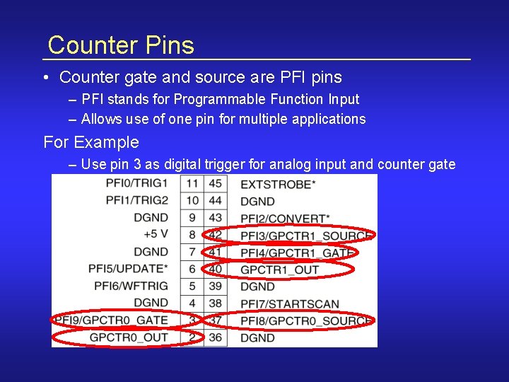 Counter Pins • Counter gate and source are PFI pins – PFI stands for
