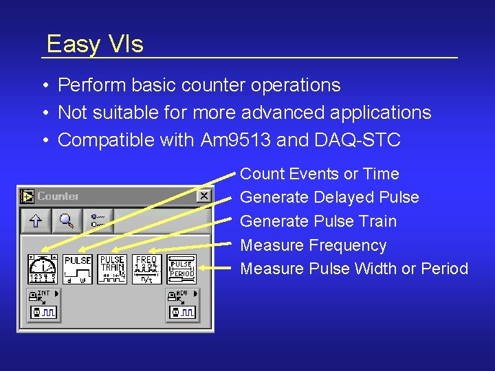 Easy VIs • Perform basic counter operations • Not suitable for more advanced applications