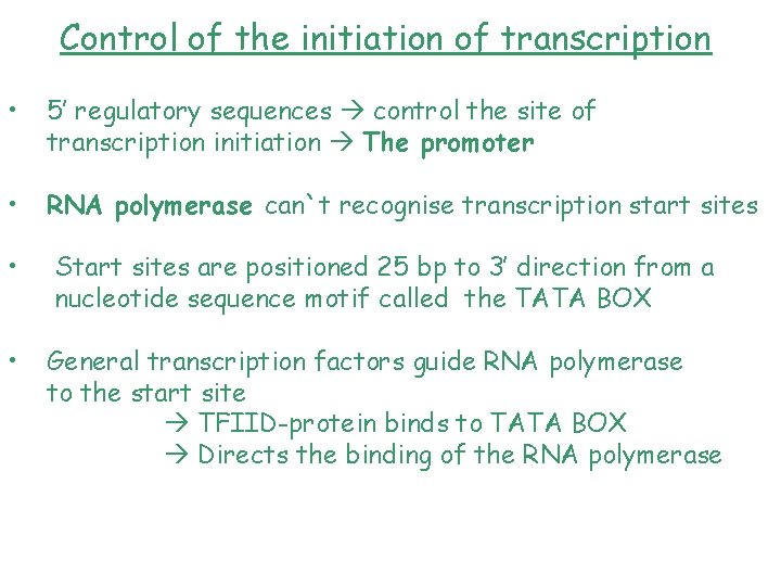 Control of the initiation of transcription • 5’ regulatory sequences control the site of