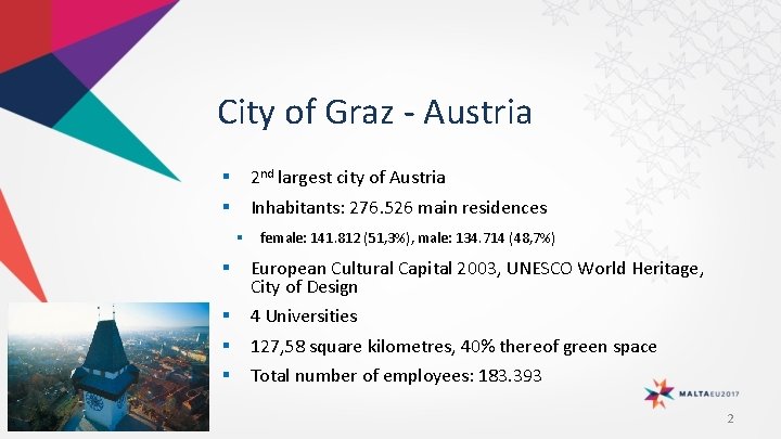 City of Graz - Austria 2 nd largest city of Austria Inhabitants: 276. 526