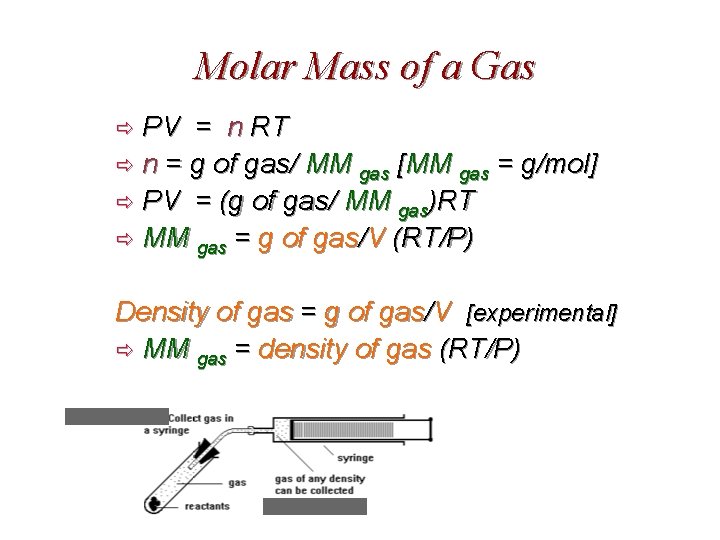 Molar Mass of a Gas PV = n RT ð n = g of