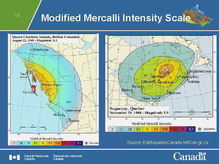 16 Modified Mercalli Intensity Scale Source: Earthquakes. Canada. NRCan. gc. ca 