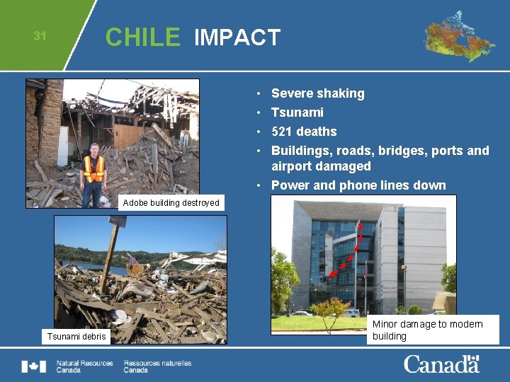 31 CHILE IMPACT • • Severe shaking Tsunami 521 deaths Buildings, roads, bridges, ports